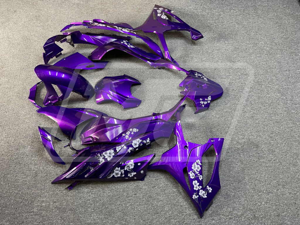 BMW S1000RR custom ABS fairings 2023 - 2024 in Gloss Purple White Cherry Blossoms - durable replacement kit, Monster Fairings