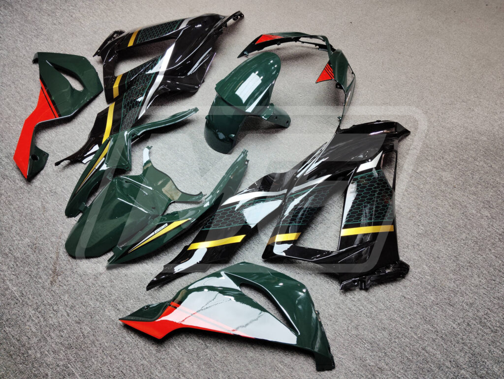 2013 - 2018 Kawasaki ZX6R Green & Black Red Gold Line fairing set - ABS injection, custom painted by Monster Fairings