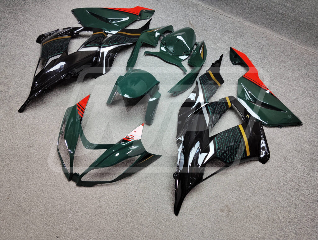 Kawasaki ZX6R custom ABS fairings 2013 - 2018 in Green & Black Red Gold Line - durable replacement kit, Monster Fairings
