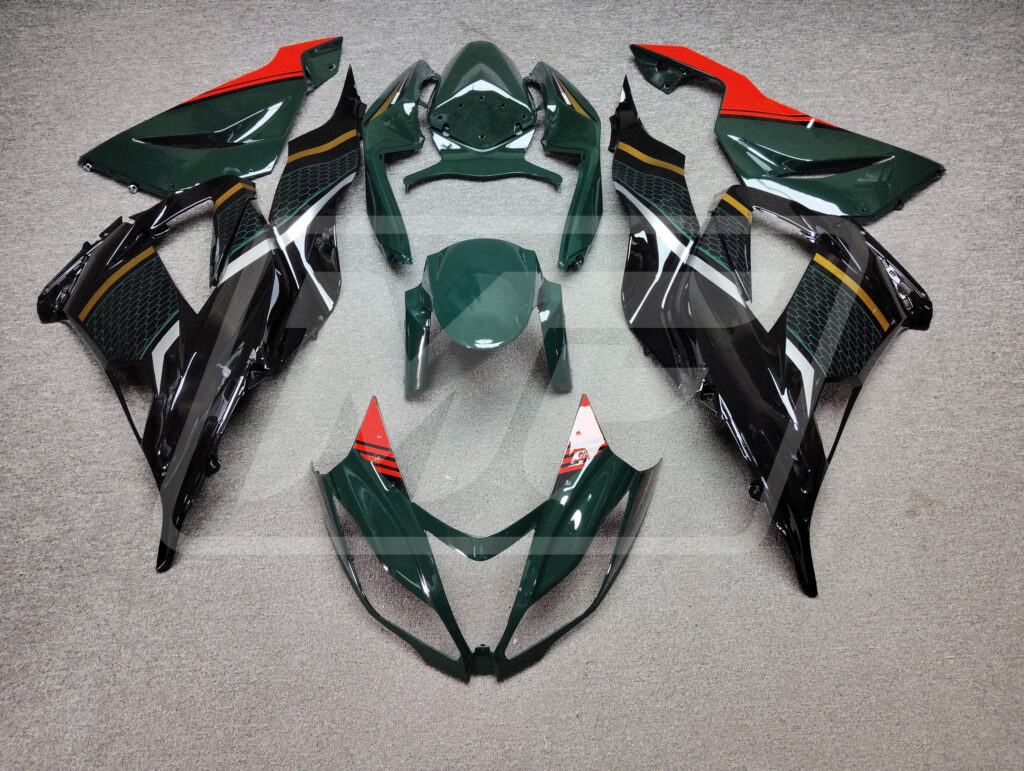 Kawasaki ZX6R 2013 - 2018 Green & Black Red Gold Line ABS fairings - custom motorcycle bodywork kit by Monster Fairings
