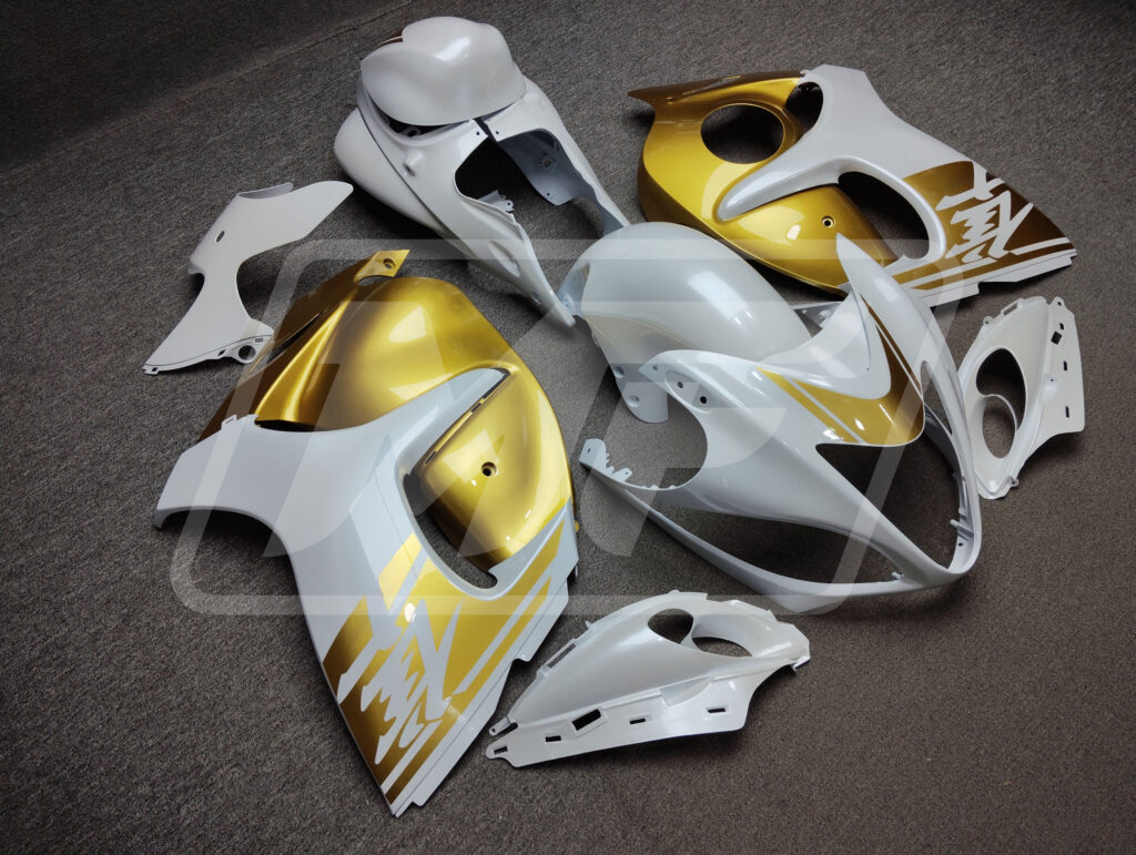 Suzuki GSXR 1300 custom ABS fairings 2008 - 2020 in Gloss White & Gold - durable replacement kit, Monster Fairings
