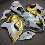 Suzuki GSXR 1300 custom ABS fairings 2008 - 2020 in Gloss White & Gold - durable replacement kit, Monster Fairings