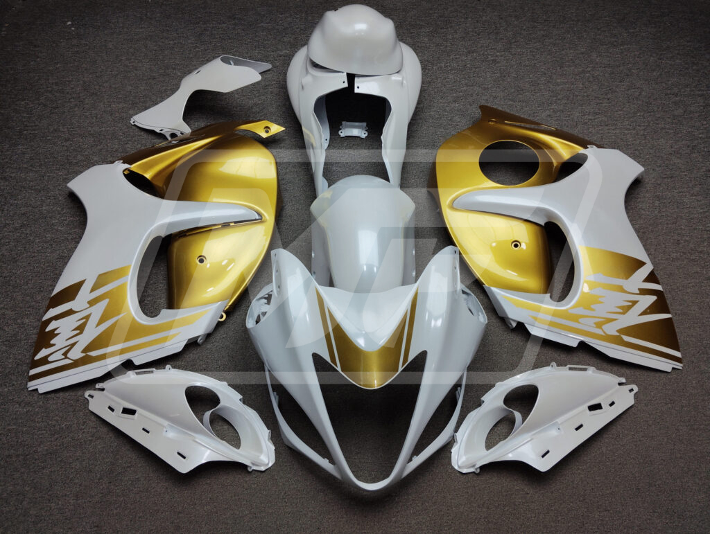 Suzuki GSXR 1300 2008 - 2020 Gloss White & Gold ABS fairings - custom motorcycle bodywork kit by Monster Fairings