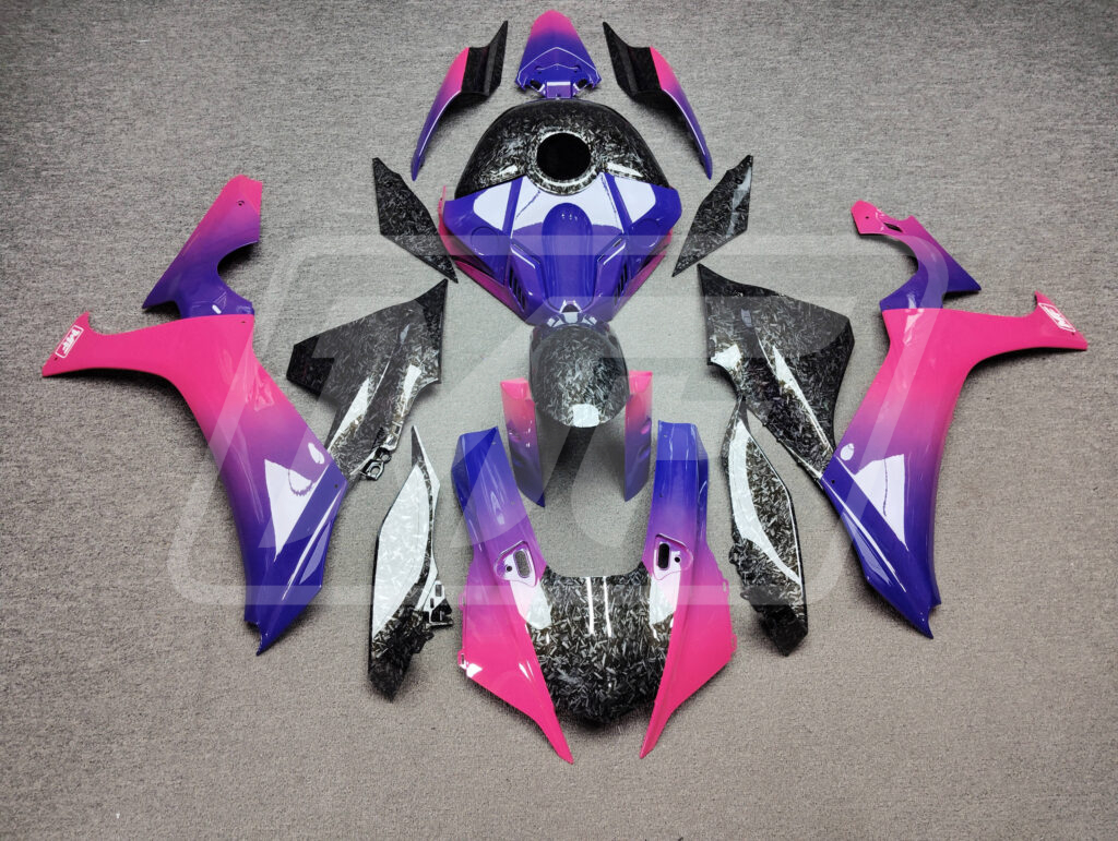 Yamaha R1 2020 - 2025 Gloss Pink & Blue Gradient Forged Carbon Style ABS fairings - custom motorcycle bodywork kit by Monster Fairings