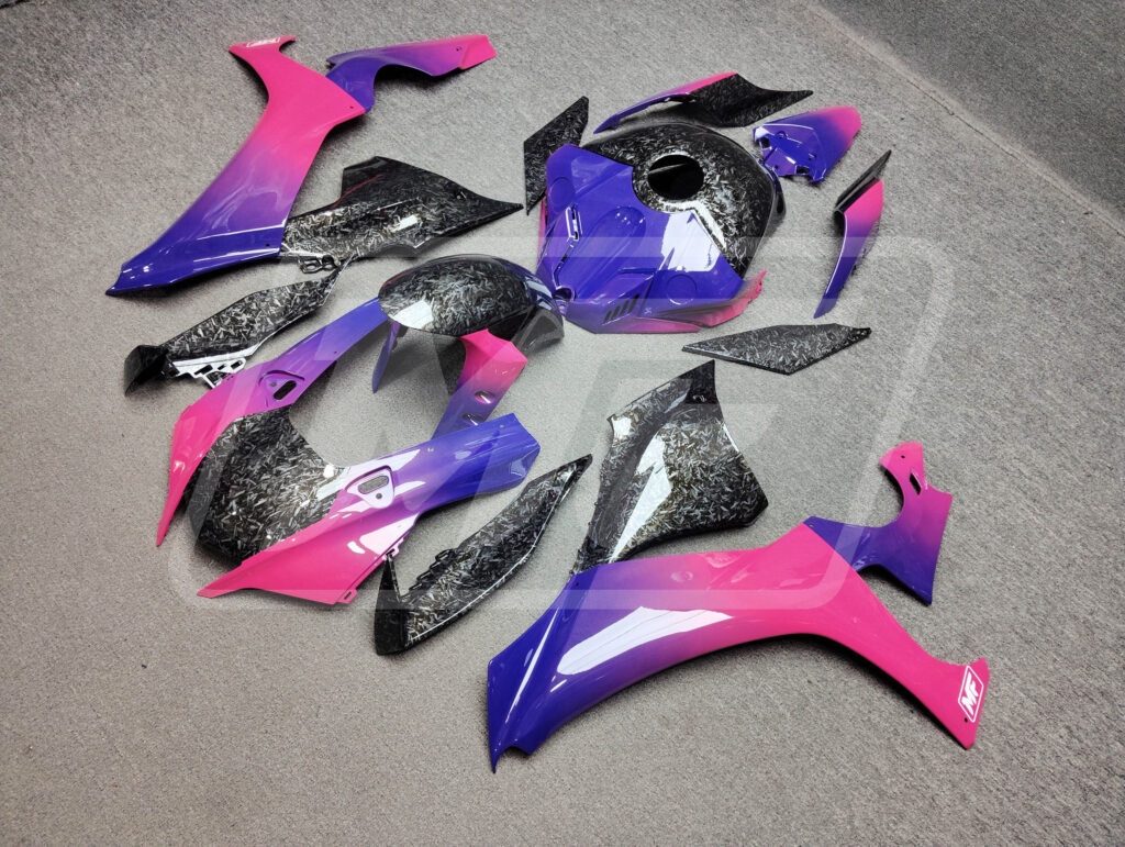 Gloss Pink & Blue Gradient Forged Carbon Style ABS fairings for Yamaha R1 2020 - 2025 - premium OEM fit kit by Monster Fairings