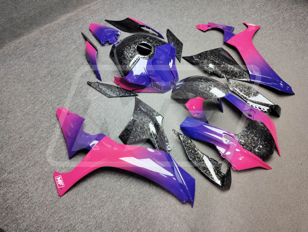 Yamaha R1 custom ABS fairings 2020 - 2025 in Gloss Pink & Blue Gradient Forged Carbon Style - durable replacement kit, Monster Fairings