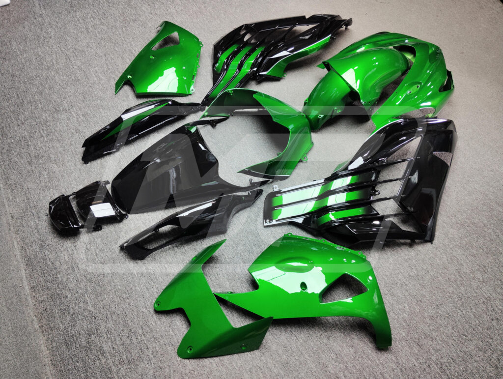2012 - 2024 Kawasaki ZX14R Gloss Black & Green fairing set - ABS injection, custom painted by Monster Fairings