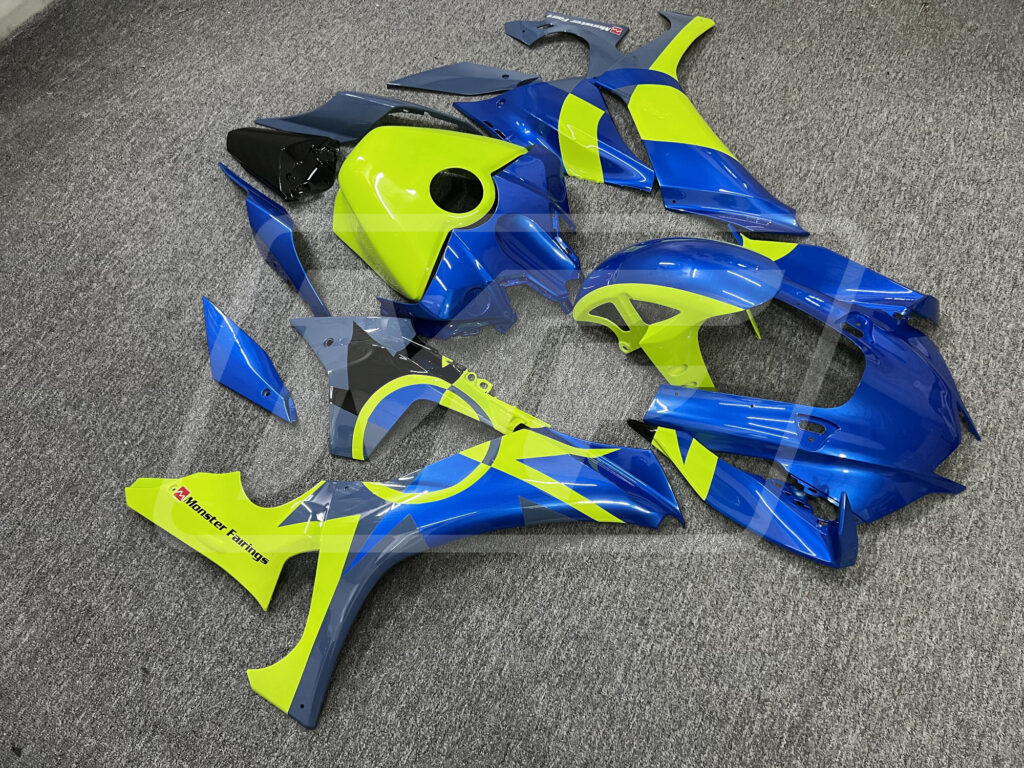 2020 - 2025 Yamaha R1 Gloss Blue & High Vis Yellow fairing set - ABS injection, custom painted by Monster Fairings