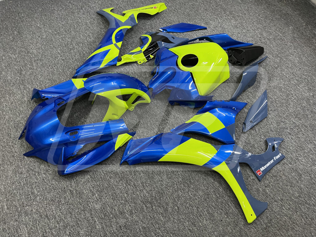 Yamaha R1 custom ABS fairings 2020 - 2025 in Gloss Blue & High Vis Yellow - durable replacement kit, Monster Fairings