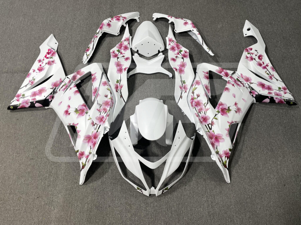 Kawasaki ZX6R 2013 - 2018 White Pink Cherry Blossom ABS fairings - custom motorcycle bodywork kit by Monster Fairings
