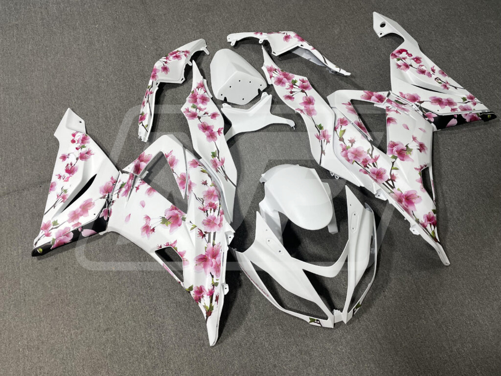 Kawasaki ZX6R custom ABS fairings 2013 - 2018 in White Pink Cherry Blossom - durable replacement kit, Monster Fairings