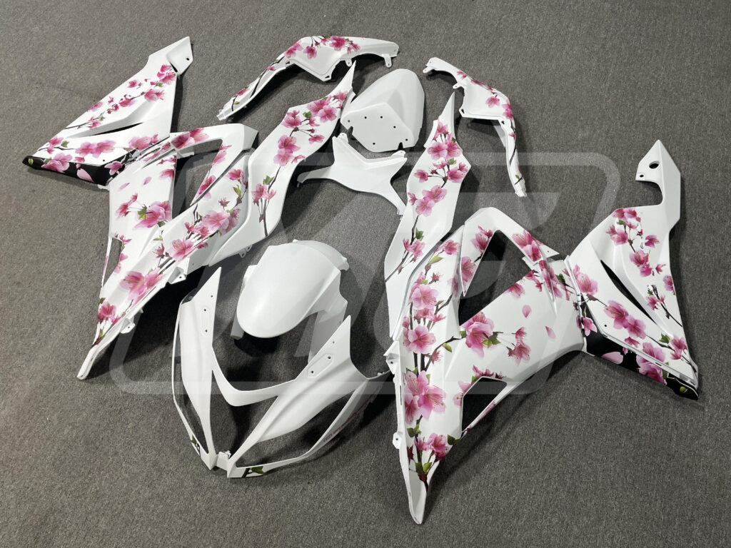2013 - 2018 Kawasaki ZX6R White Pink Cherry Blossom fairing set - ABS injection, custom painted by Monster Fairings