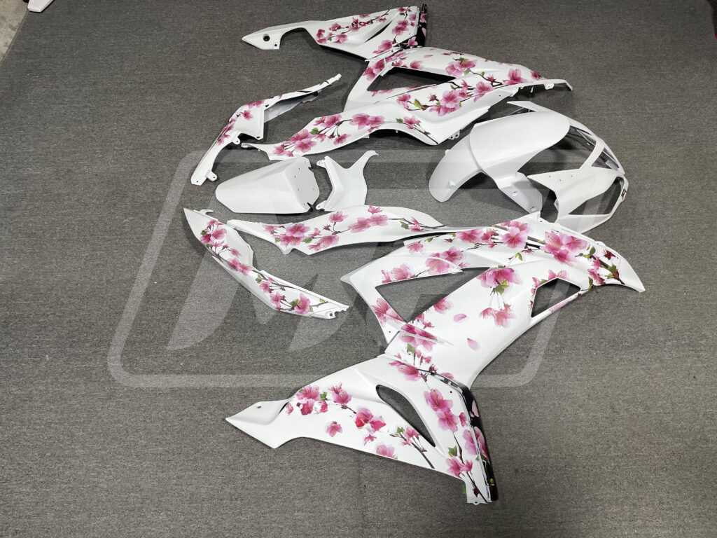 Monster Fairings ABS fairing kit for Kawasaki ZX6R 2013 - 2018 - White Pink Cherry Blossom, precise OEM fit