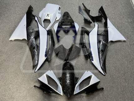 Yamaha R6 2008-2016 Gloss White with Blue & Forged Carbon Fiber ABS Fairings | Monster Fairings