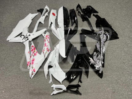 Suzuki GSXR 600-750 2008-2010 Gloss Black & White Cherry Blossom with Dragon Split ABS Fairings | Monster Fairings