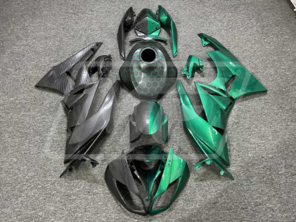 Kawasaki ZX6R 2009-2012 Gloss Carbon Fiber & Deep Green Split ABS Fairings | Monster Fairings