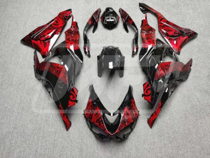 Kawasaki ZX6R 2019-2023 Gloss Black with Red Tribal ABS Fairings | Monster Fairings