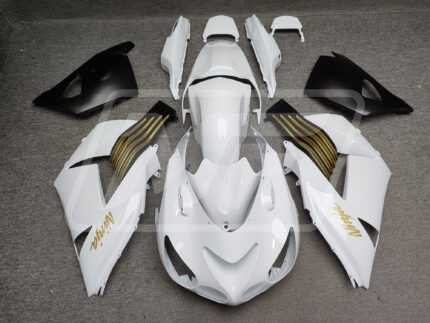 (IN STOCK TX) Kawasaki ZX14R 2006-2011 Gloss White & Matte Black with Gold ABS Fairings | Monster Fairings