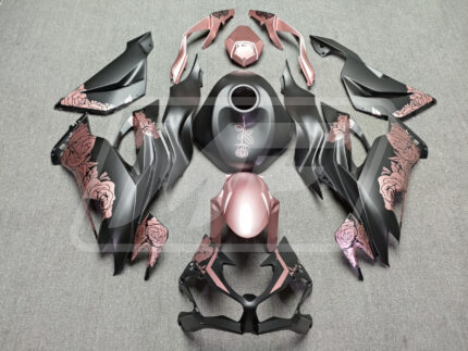Kawasaki ZX6R 2019-2023 Matte Black & Rose Gold Roses ABS Fairings | Monster Fairings