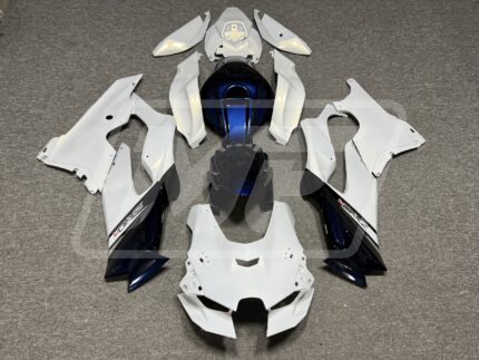 (IN STOCK) Kawasaki ZX10R 2021-2025 Gloss Pearl White with Gold Flakes & Dark Blue ABS Fairings | Monster Fairings