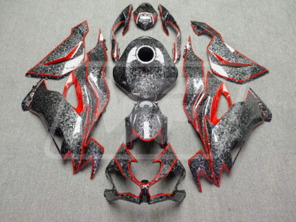 Kawasaki ZX6R 2019-2023 Gloss Forged Carbon Fiber Style with Red ABS Fairings | Monster Fairings
