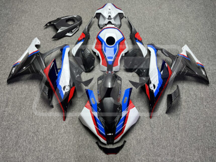 (IN STOCK) BMW S1000RR 2023-2024 Gloss White & Blue with Red & Carbon Fiber Style ABS Fairings | Monster Fairings