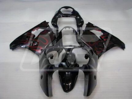 Kawasaki ZX9R 2000-2001 Gloss Black with Red Flames ABS Fairings | Monster Fairings